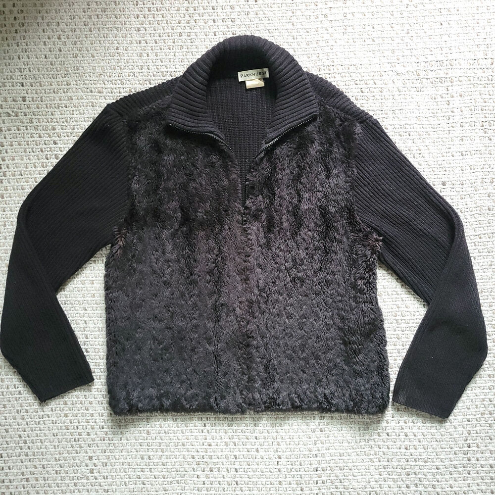 Y2K Womens M Black Full Zip Sweater Faux Fur Vest Collared Y2K Parkhurst
